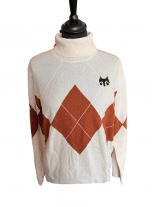 Pull à col roulé cachemire marron et blanche