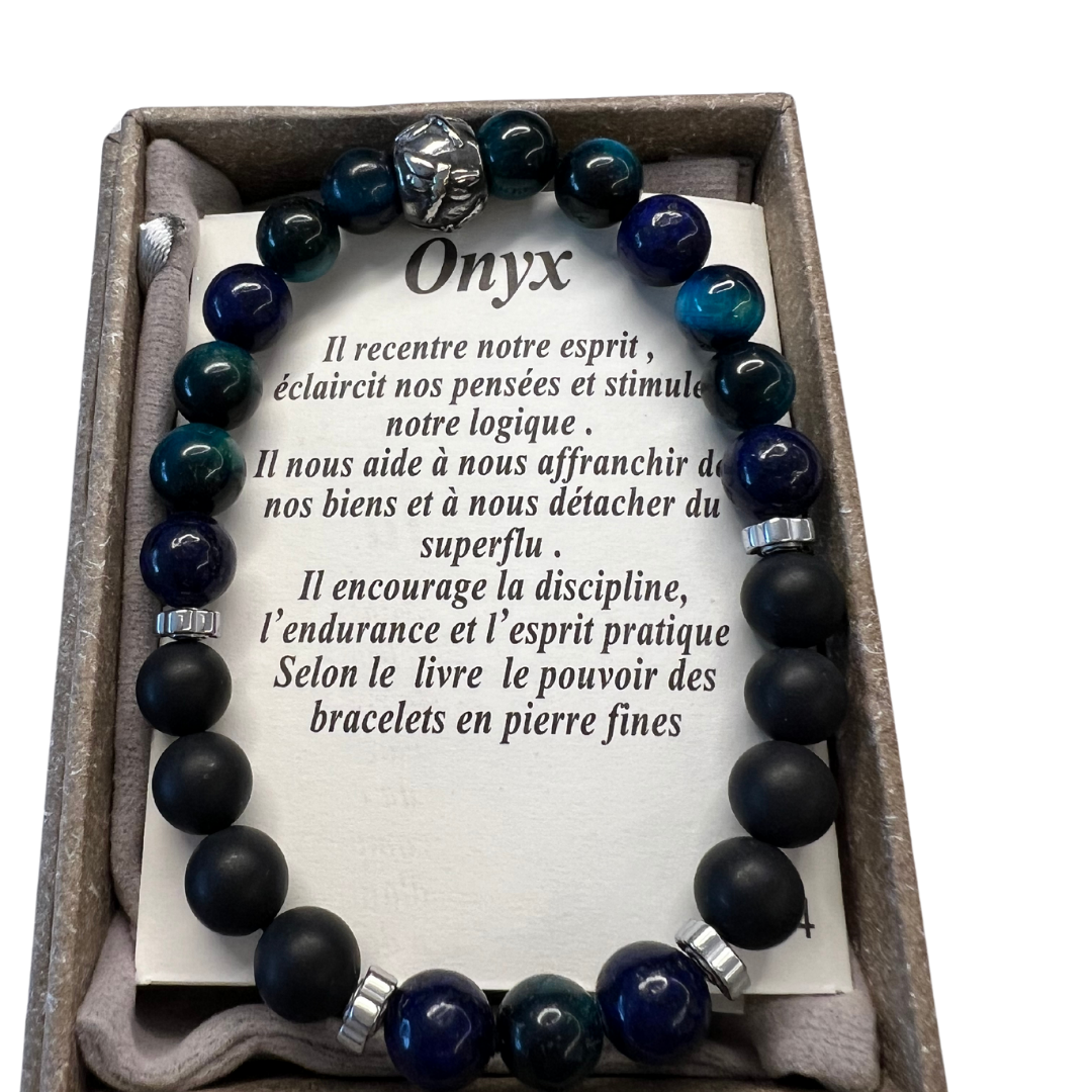 Bracelet Lapis Lazuli, Œil de Faucon et Onyx. Bracelet Lapis Lazuli, Œil de Faucon et Onyx.